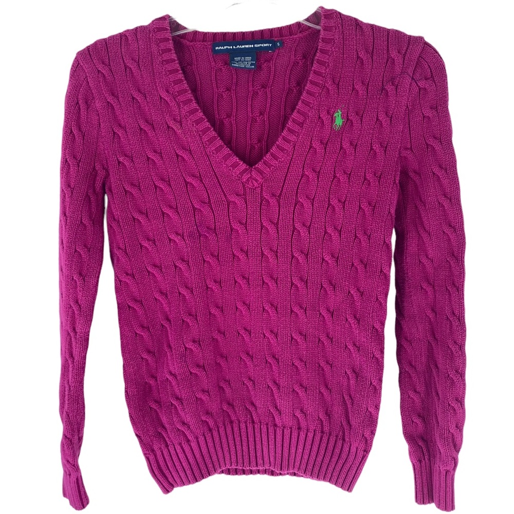 POLO RALPH LAUREN SPORT VNECK LONG SLEEVE CABLE KNOT DEEP FUCHSIA WOMENS SMALL